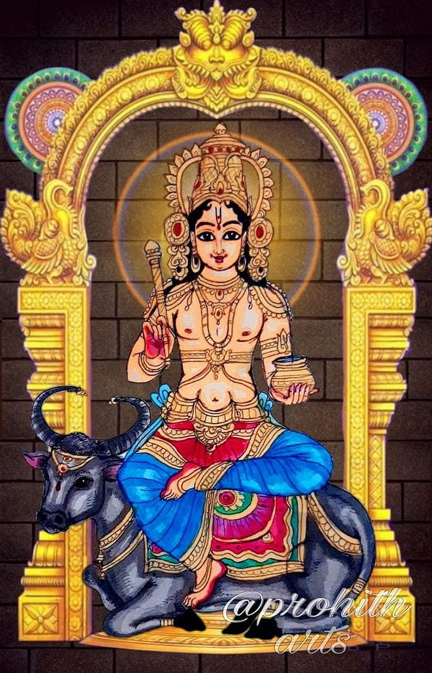 Vishnumaya Deity Seated on Nandi Bull in Ornate Golden Archway HD phone wallpaper