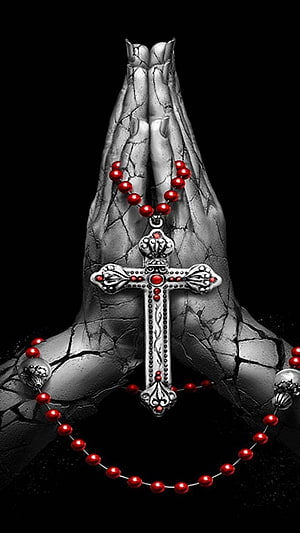 Catholic Rosary Beads Draped Over Praying Hands With Ornate Silver Cross HD phone wallpaper