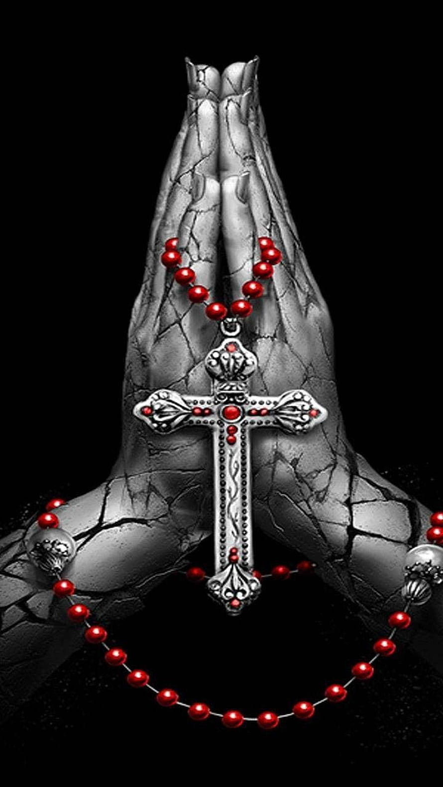 Catholic Rosary Beads Draped Over Praying Hands With Ornate Silver Cross HD phone wallpaper