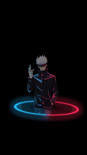 Gojo Satoru Anime Character Standing in Neon Light Ring on Black Background HD phone wallpaper