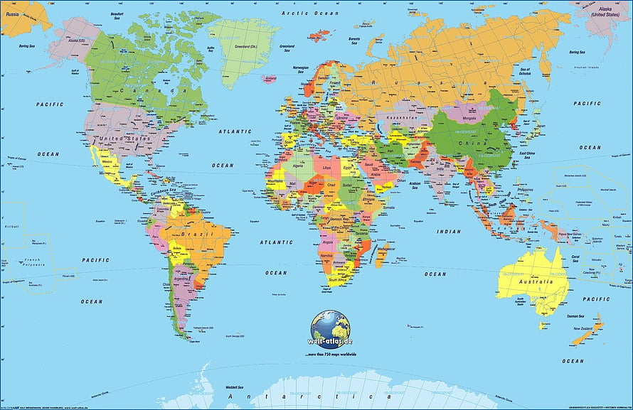 Detailed Political World Map with Color-Coded Countries and Oceans HD wallpaper