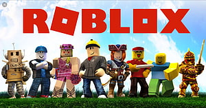 Roblox Avatar Lineup on Grass Under Blue Sky with Red Logo HD wallpaper