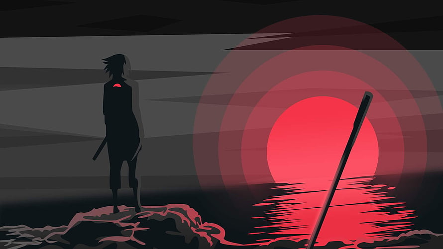 Sasuke Uchiha Silhouette Against Crimson Sun in Minimalist Naruto Art HD wallpaper