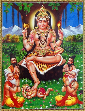 Dakshinamurthy with sages and child in traditional Indian temple painting HD phone wallpaper