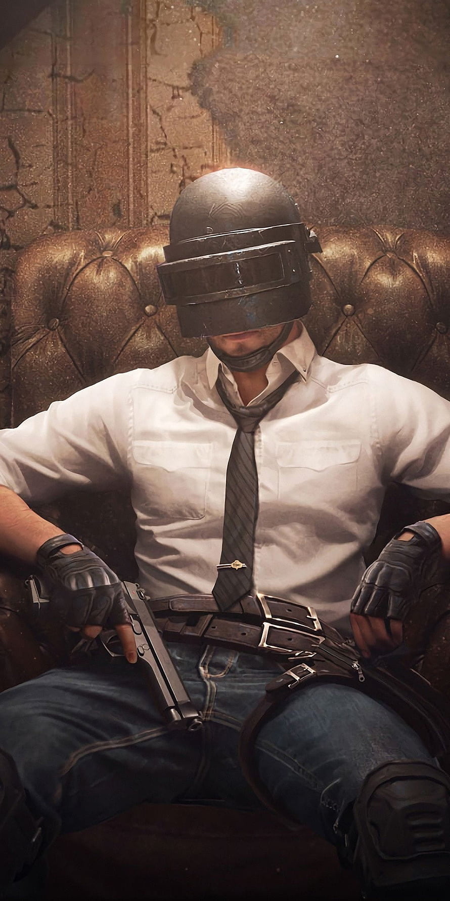 PUBG Mobile Character in White Shirt and Tactical Helmet Seated on Leather Couch HD phone wallpaper