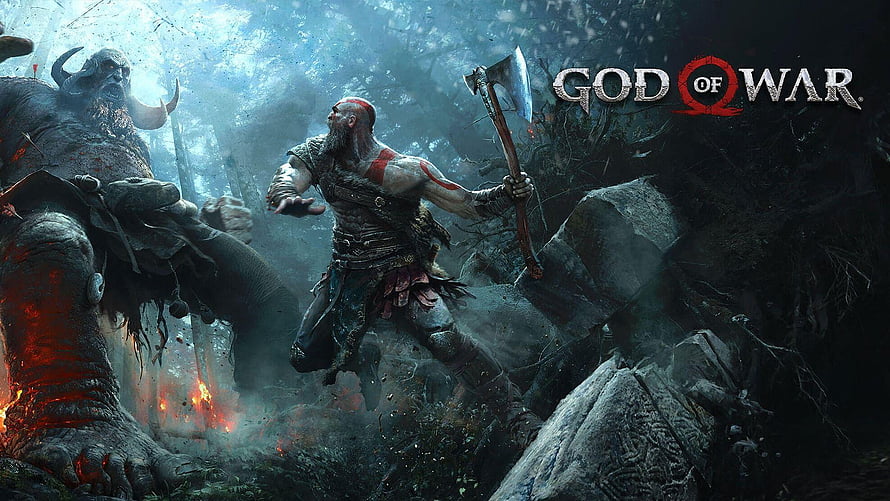 Kratos Confronts a Giant in a Dark Forest in God of War HD wallpaper