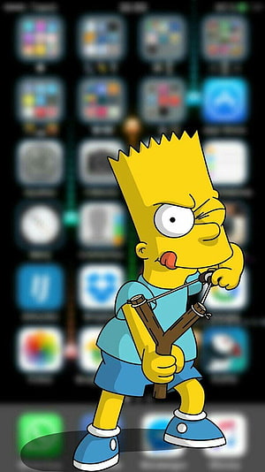 Bart Simpson Holding Slingshot on Blurred Smartphone App Grid Background HD phone wallpaper