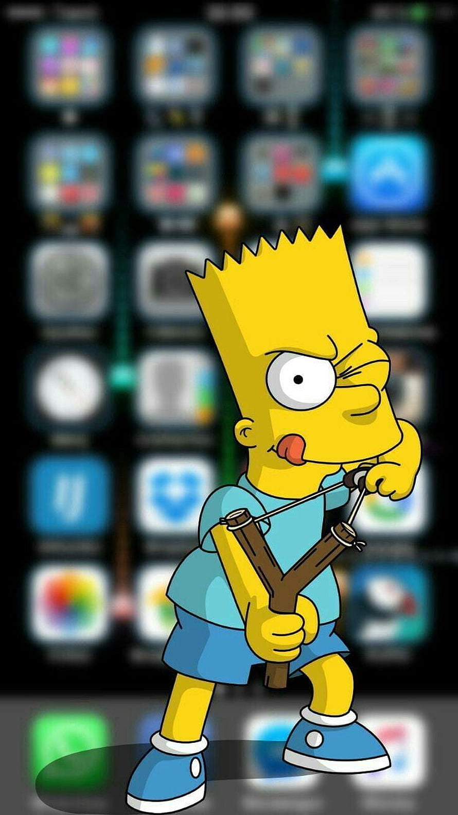 Bart Simpson Holding Slingshot on Blurred Smartphone App Grid Background HD phone wallpaper