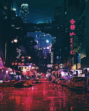 Neon-Lit Cyberpunk Street Scene with Futuristic Vehicles and Rain-Soaked Reflections HD phone wallpaper