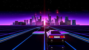 Retro Synthwave Cityscape with Neon Grid and Classic Car Under Starry Sky HD wallpaper
