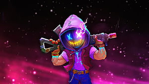 Neon Abyss Hooded Character with Glowing Mask and Sci-Fi Weapon in Cosmic Setting HD wallpaper