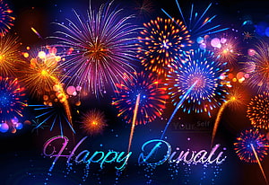 Vibrant Diwali Fireworks Display with Festive Greeting on Dark Night Sky HD wallpaper