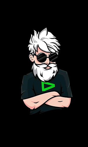 Stylized Cartoon Avatar of a Bearded Man with Sunglasses and Green Logo on Black Background HD phone wallpaper