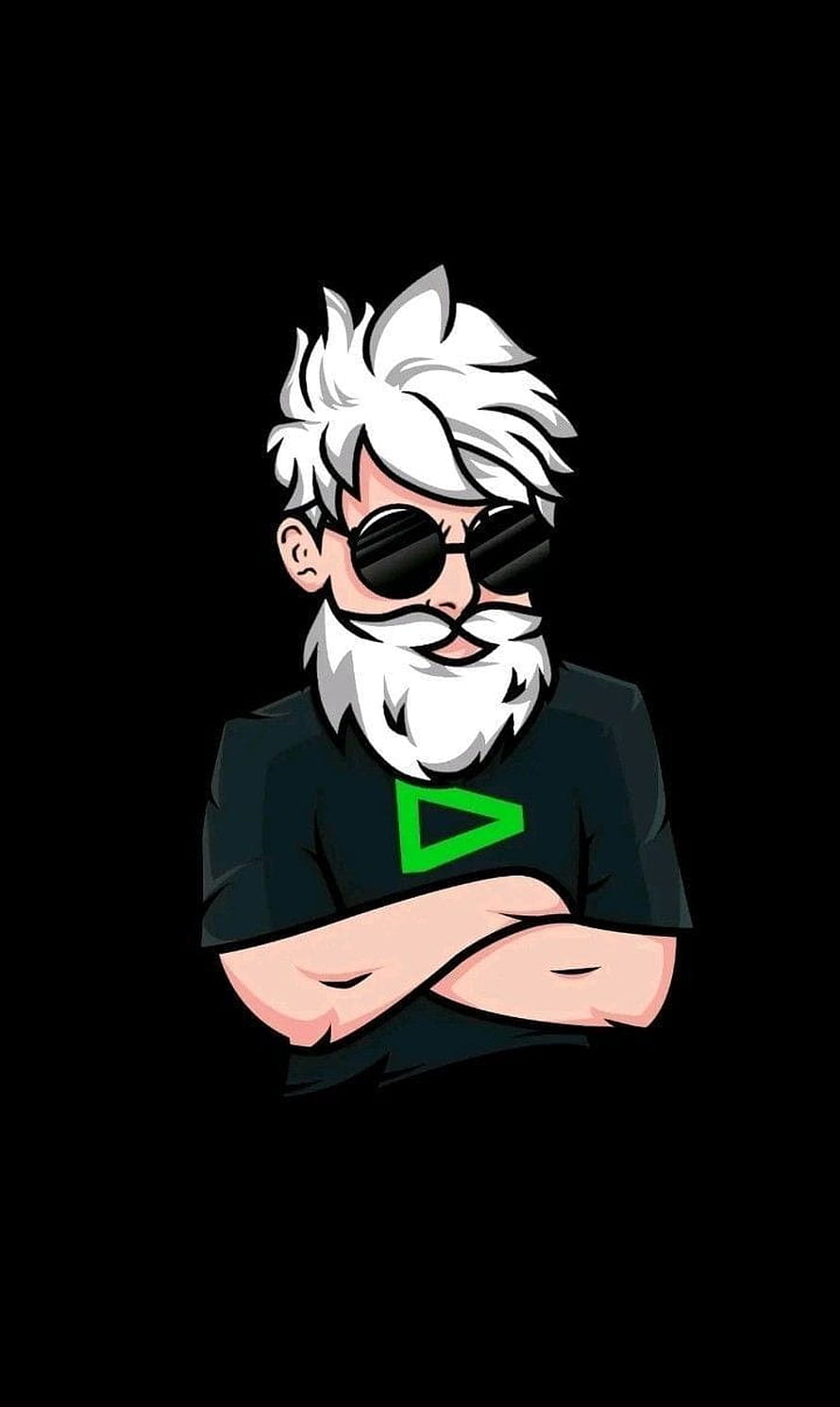 Stylized Cartoon Avatar of a Bearded Man with Sunglasses and Green Logo on Black Background HD phone wallpaper