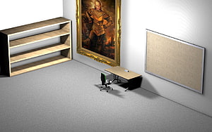 Minimalist Office Interior With Wooden Shelving, Desk, and Framed Portrait HD wallpaper