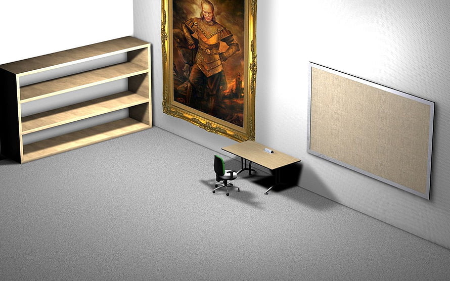 Minimalist Office Interior With Wooden Shelving, Desk, and Framed Portrait HD wallpaper