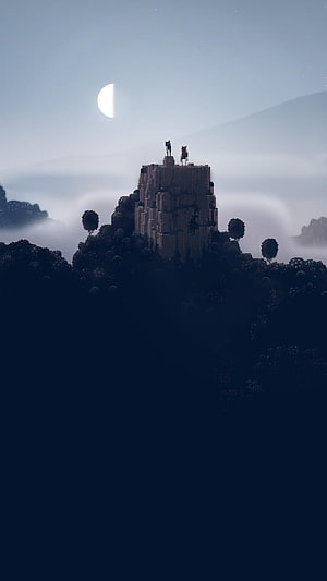 Minecraft Pixel Art Castle on Misty Mountain Peak Under Crescent Moon HD phone wallpaper