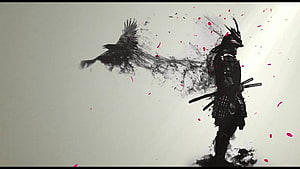 Ink Wash Samurai and Raven with Crimson Petals on Minimalist Background HD wallpaper