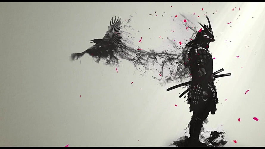 Ink Wash Samurai and Raven with Crimson Petals on Minimalist Background HD wallpaper