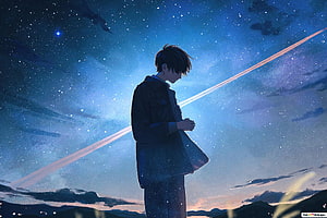 Anime Boy Standing Under Starry Night Sky With Shooting Star HD wallpaper