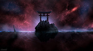 Sukuna Domain Expansion Torii Gate on Floating Island in Cosmic Nebula HD wallpaper