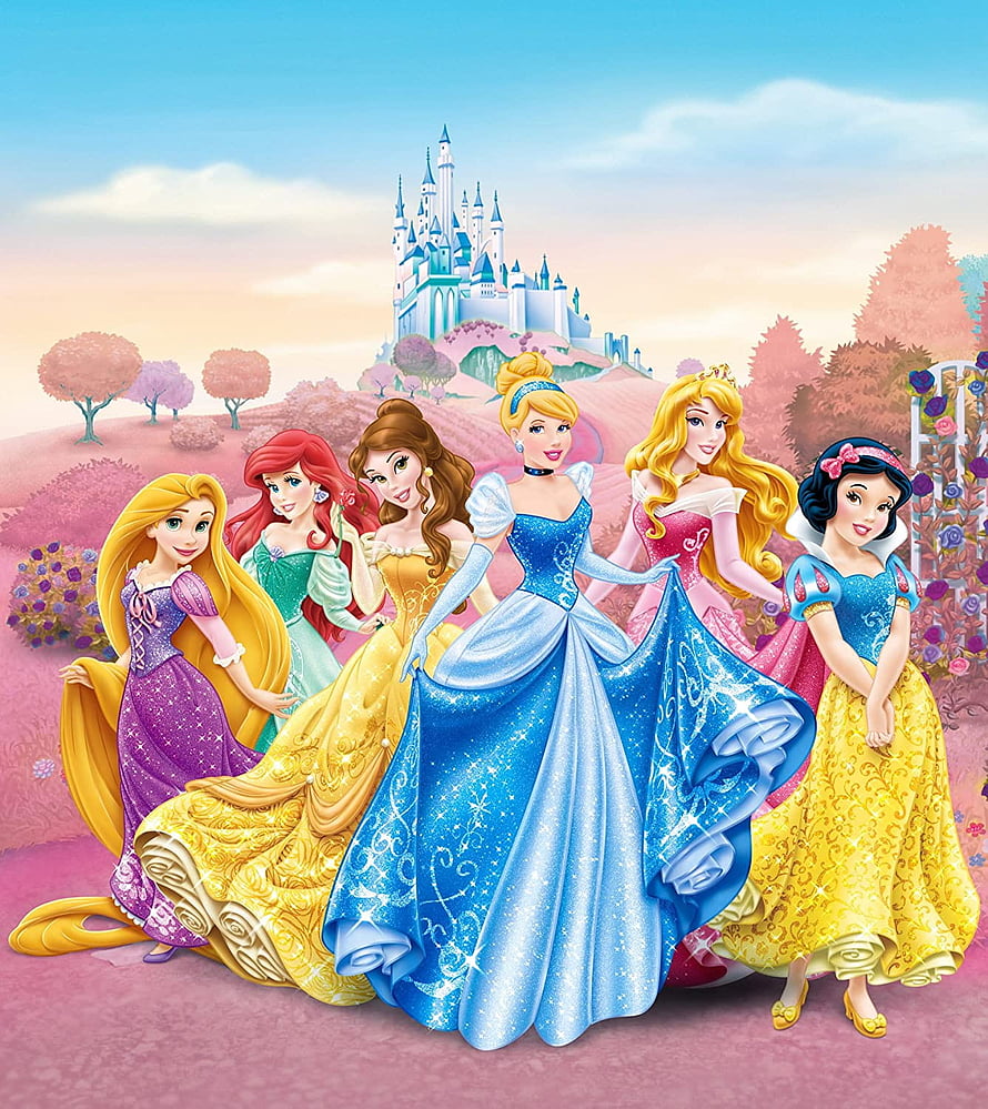 Disney Princesses in Elegant Gowns Before a Fairy Tale Castle HD phone wallpaper