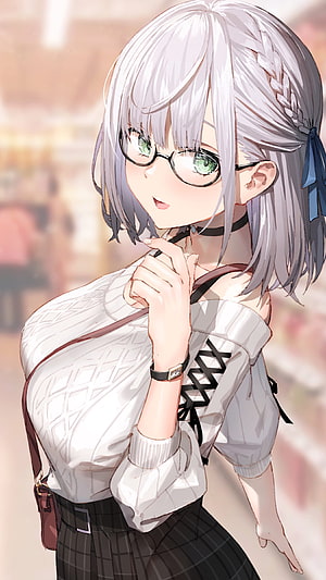 Shirogane Noel Anime Girl With Silver Hair, Glasses, and White Off-Shoulder Top HD phone wallpaper