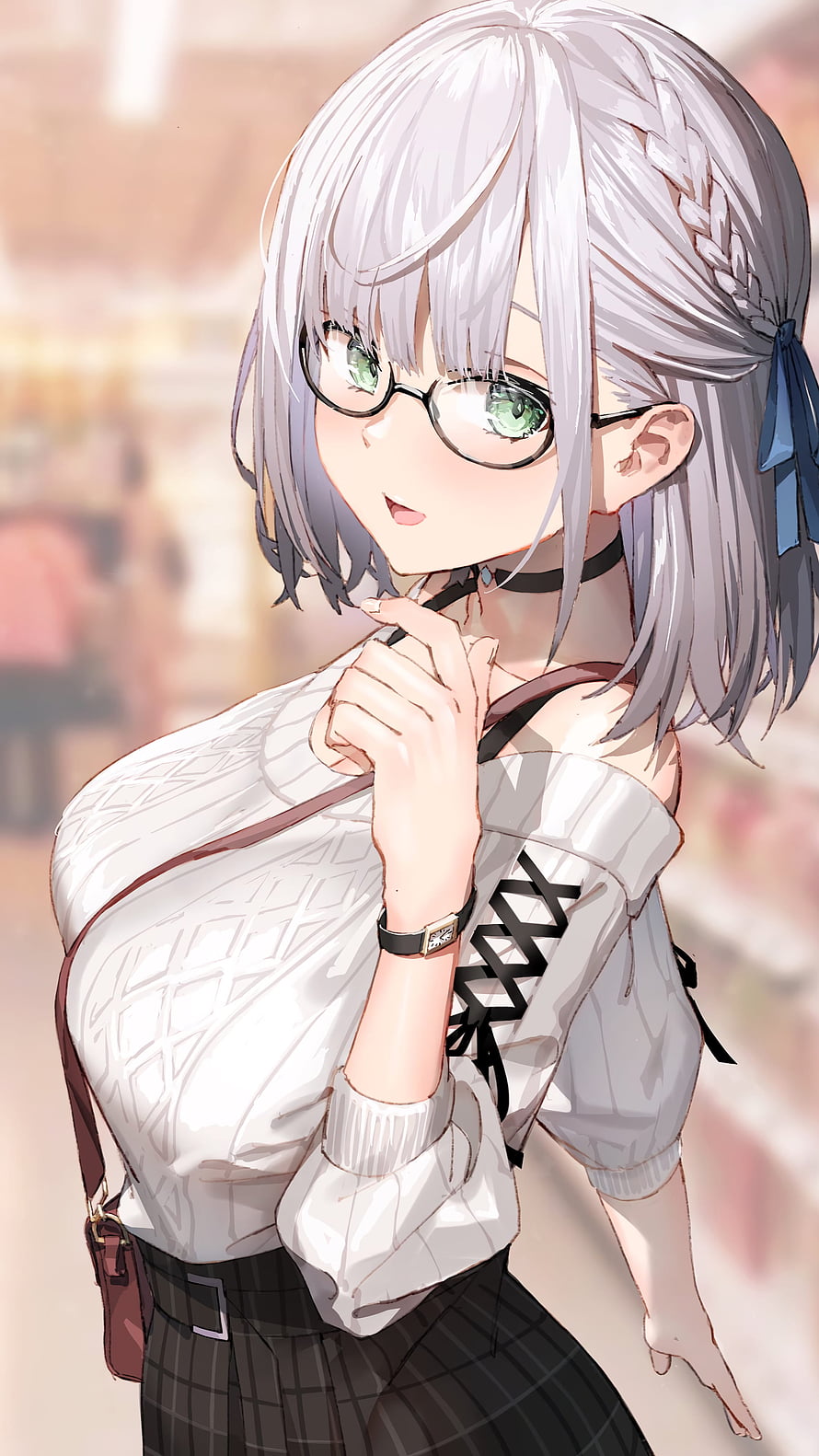 Shirogane Noel Anime Girl With Silver Hair, Glasses, and White Off-Shoulder Top HD phone wallpaper