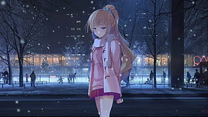 Karuizawa Kei from Classroom of the Elite in a snowy winter cityscape at night HD wallpaper