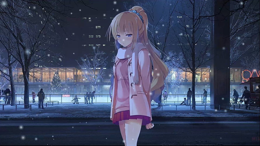 Karuizawa Kei from Classroom of the Elite in a snowy winter cityscape at night HD wallpaper