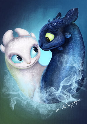 Toothless and Light Fury Baby Dragons Cuddling in Misty Blue Fantasy Art HD phone wallpaper
