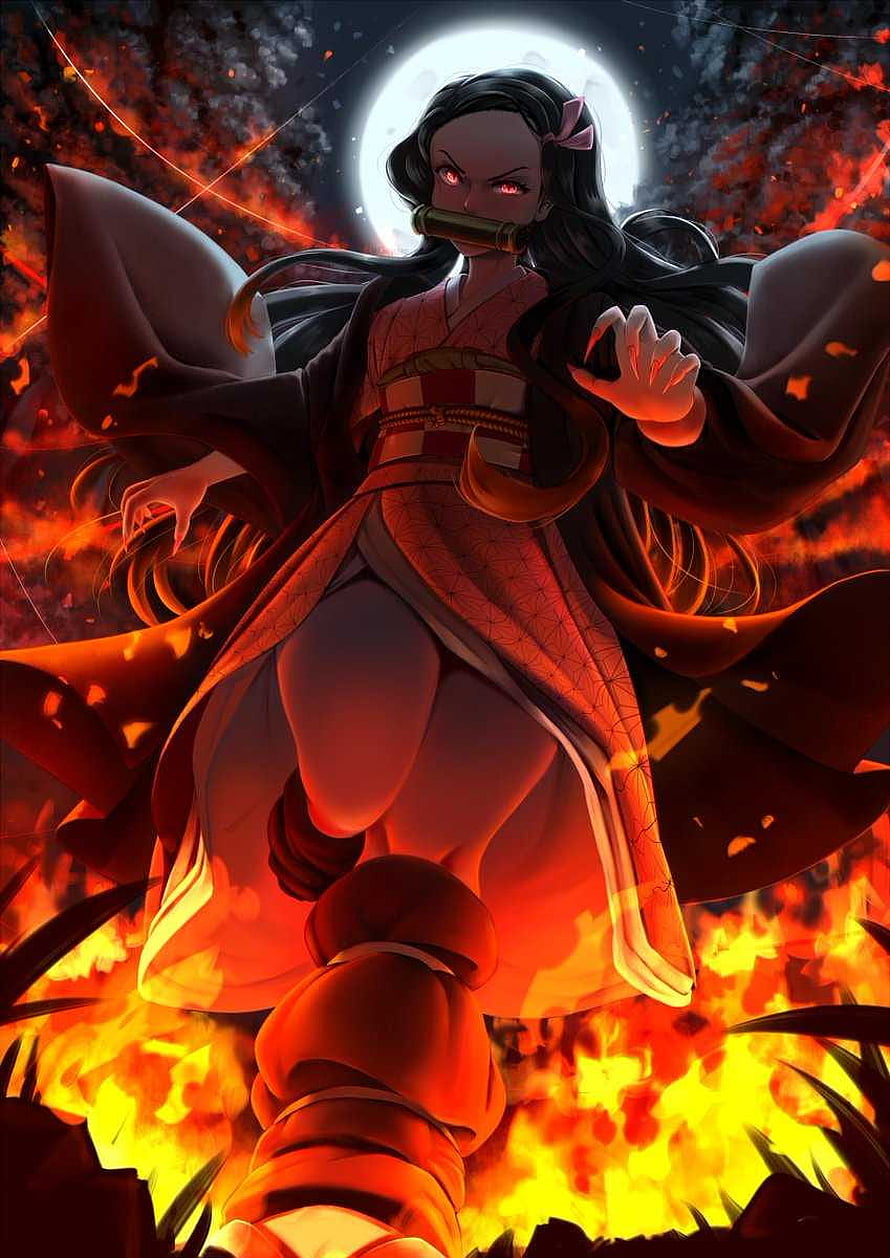 Nezuko Kamado Demon Form Standing in Flames with Full Moon HD phone wallpaper