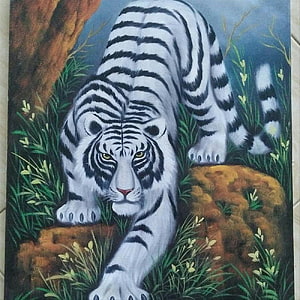 Painting of a White Tiger Crouching in a Lush Forest Setting HD phone wallpaper