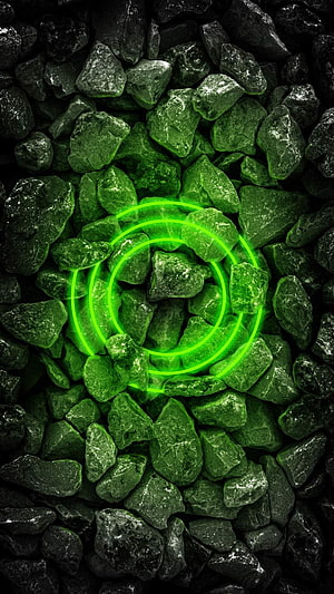 Glowing Green Neon Rings Over Dark Textured Stones HD phone wallpaper