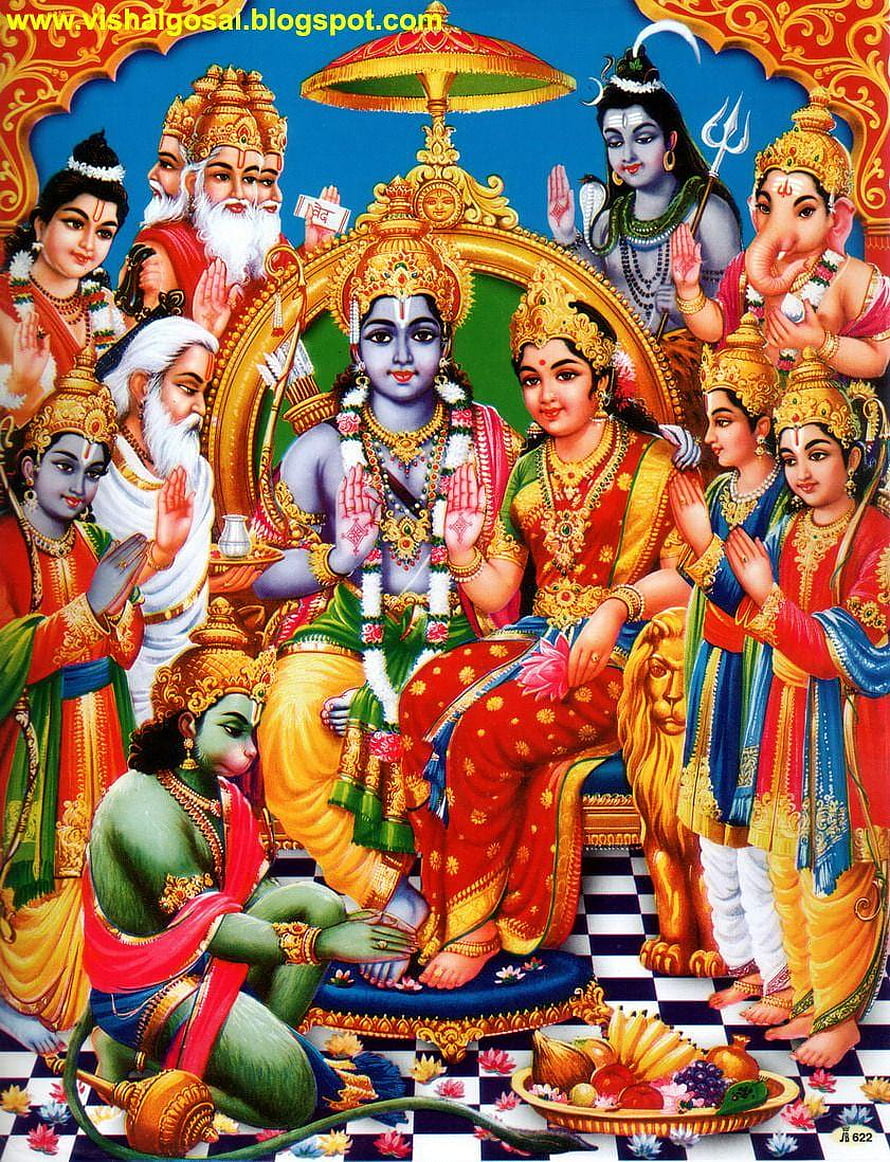 Lord Rama and Sita with Hanuman and Hindu Deities in Traditional Indian Art HD phone wallpaper