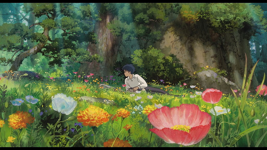 Studio Ghibli Boy Resting in a Lush Flower Meadow with Giant Trees HD wallpaper