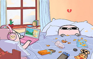 Ketnipz and a pink cartoon character relaxing in a messy bedroom with a laptop and snacks HD wallpaper