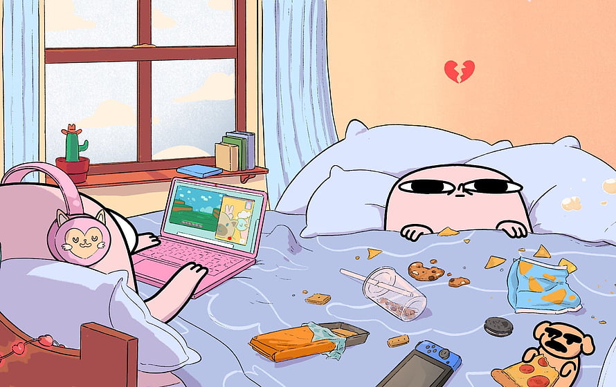 Ketnipz and a pink cartoon character relaxing in a messy bedroom with a laptop and snacks HD wallpaper