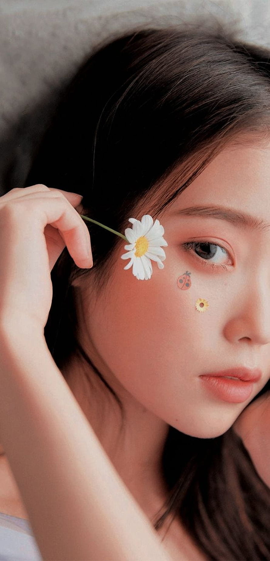 IU K-Pop Star Close-Up Portrait Holding a White Daisy Flower HD phone wallpaper
