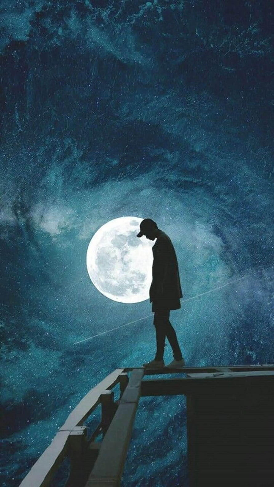 Silhouette of a man standing on a bridge under a full moon in a starry night sky HD phone wallpaper