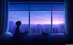 Girl and Cat Silhouette Reading in Bed with City Sunset View HD wallpaper