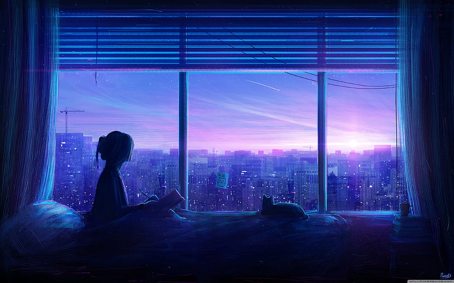 Girl and Cat Silhouette Reading in Bed with City Sunset View HD wallpaper