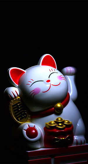 Maneki Neko Lucky Cat Figurine with Gold Coins and Red Collar on Black Background HD phone wallpaper