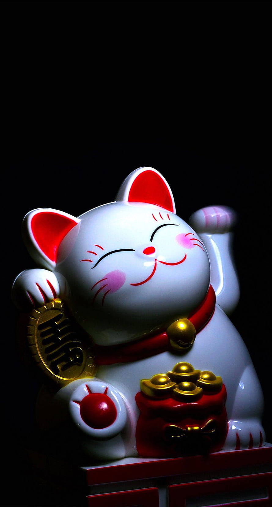 Maneki Neko Lucky Cat Figurine with Gold Coins and Red Collar on Black Background HD phone wallpaper