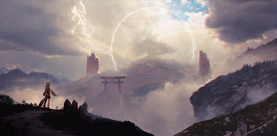 Mystical Mountain Landscape with Torii Gate and Celestial Ring HD wallpaper