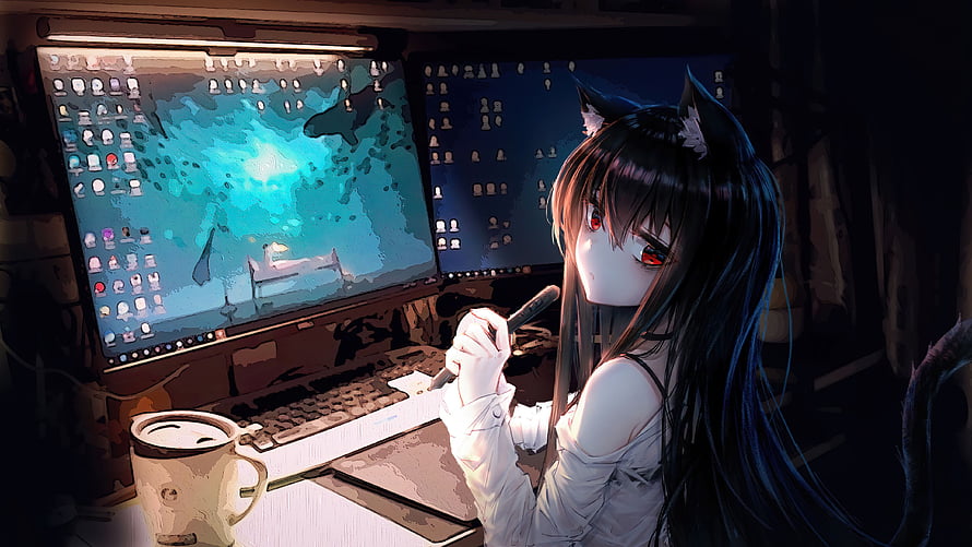 Anime Girl with Cat Ears Working at Dual Monitors in a Dark Room HD wallpaper