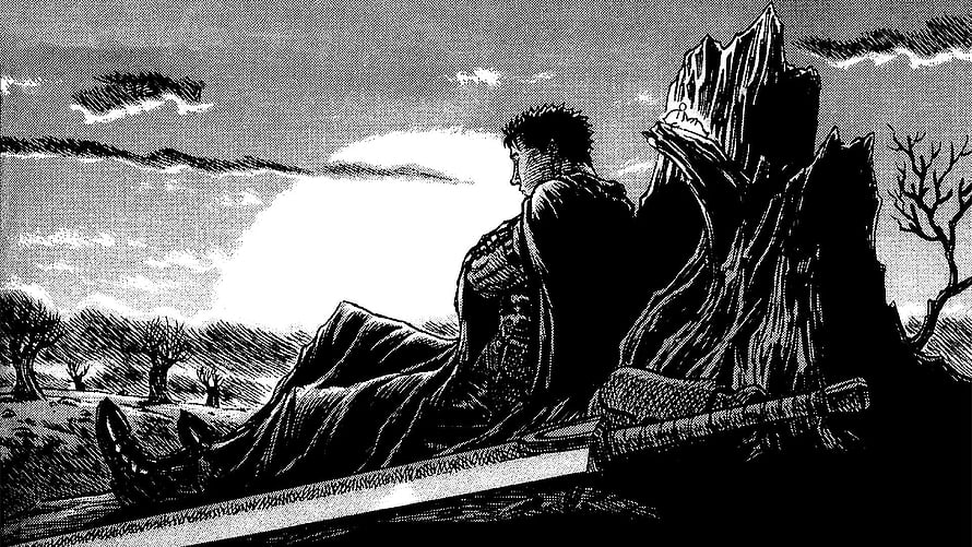 Berserk Guts Resting by a Rock in a Desolate Landscape HD wallpaper