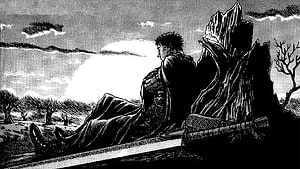 Berserk Manga Panel of Guts Resting Against a Rock in a Desolate Landscape HD wallpaper