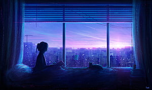 Anime Girl Reading at Night with City View and Cat HD wallpaper