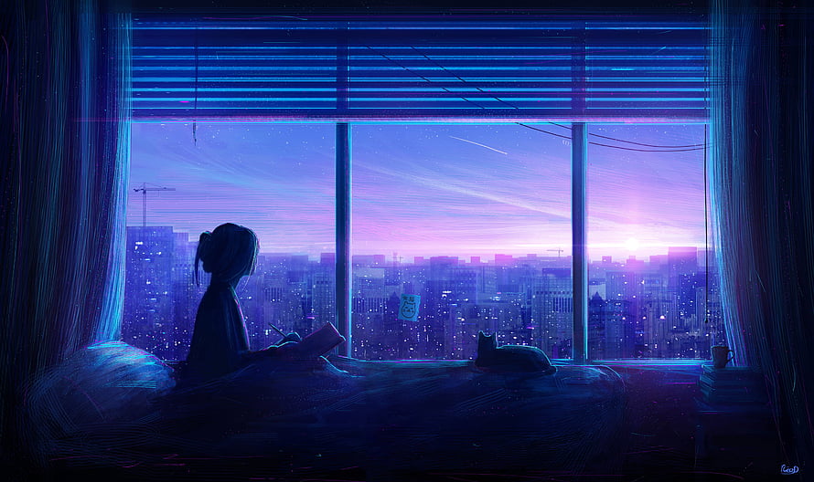 Anime Girl Reading at Night with City View and Cat HD wallpaper